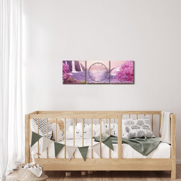 Obraz růžových stromů s jezerem (s hodinami) (90x30 cm)