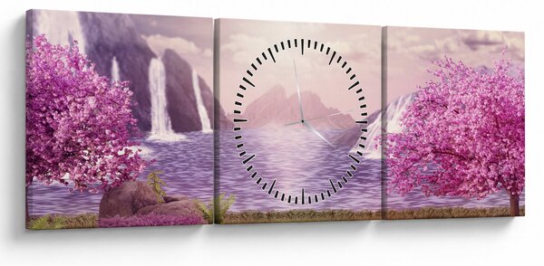 Obraz růžových stromů s jezerem (s hodinami) (90x30 cm)