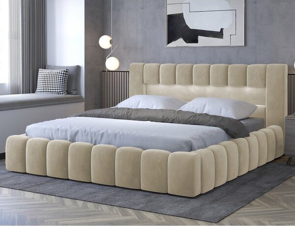Béžová čalouněná dvoulůžková postel s úložným prostorem s roštem 160x200 cm Lamica – ELTAP