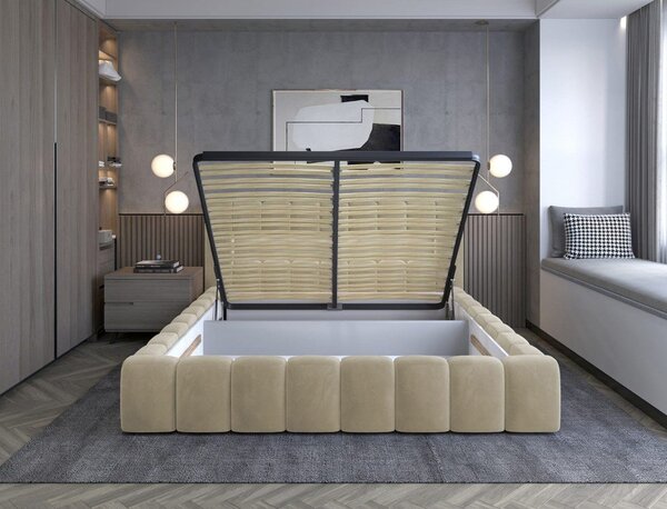 Béžová čalouněná dvoulůžková postel s úložným prostorem s roštem 160x200 cm Lamica – ELTAP