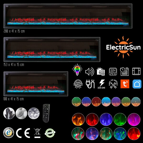 Elektrický krb moderní ElectricSun VERSALYS medium, nástěnný, podlahový nebo vestavný, se zvukovým efektem, s aplikací, 10 nastavení barev, Š153xV41cm