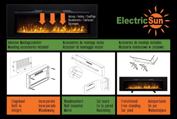 Moderní elektrické krby ElectricSun Paula Glass velké, černé, nástěnný, podlahový nebo vestavný, se zvukem, s aplikací, 10 barev plamene, š183xv45cm