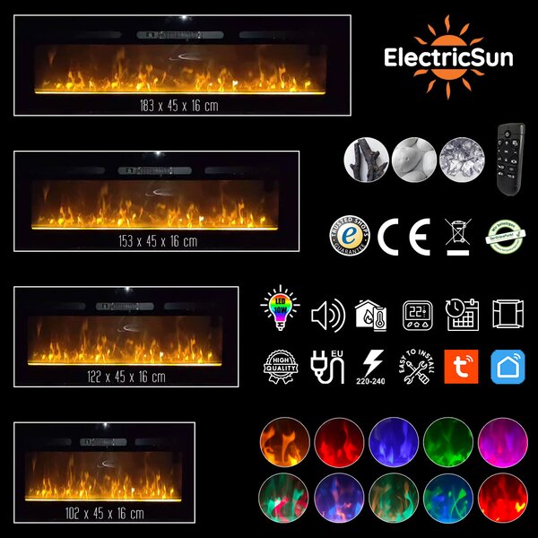 Moderní elektrické krby ElectricSun Paula Glass velké, černé, nástěnný, podlahový nebo vestavný, se zvukem, s aplikací, 10 barev plamene, š183xv45cm