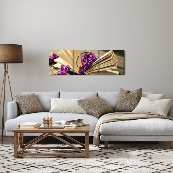 Obbraz knihy a fialové květiny (s hodinami) (90x30 cm)