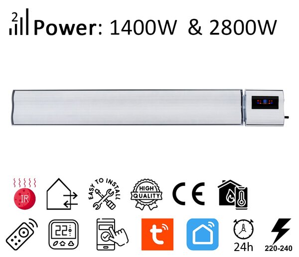2800W a 1400W ElectricSun bílý infrazářič s termostatem, elektrický ohřívač pro montáž na stěnu a strop, s aplikací Smart Life, 180x15cm