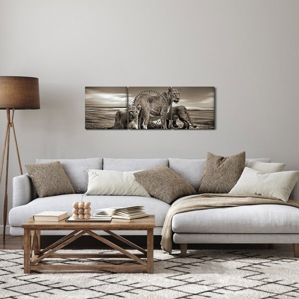 Obraz černobílých lvů (s hodinami) (90x30 cm)
