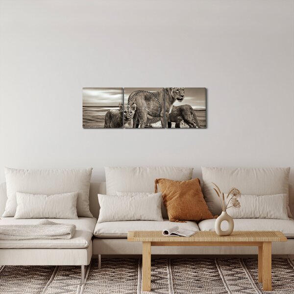 Obraz černobílých lvů (s hodinami) (90x30 cm)