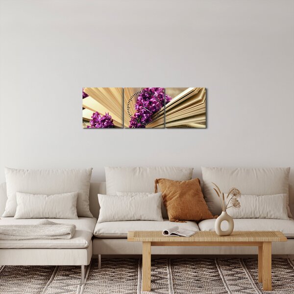 Obbraz knihy a fialové květiny (s hodinami) (90x30 cm)