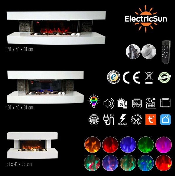 Elektrický nástěnný krb ElectricSun Paula Bílý, velká, se zvukem, 10 barev plamene, s aplikací, Š150xV46xH31cm