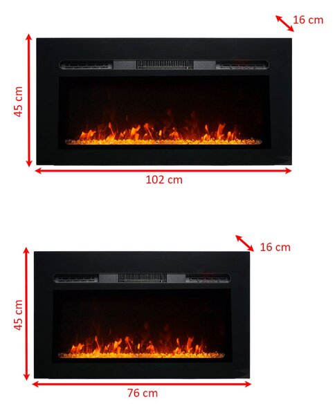 Moderní elektrické krby ElectricSun Paula Glass XXS, černé, nástěnný, podlahový nebo vestavný, 3 barev plamene, dálkové ovládání, š76xv45cm