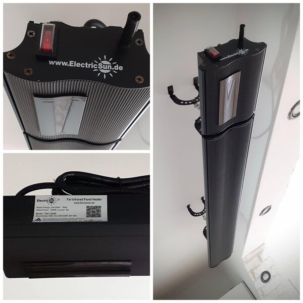 2800W a 1400W ElectricSun černý infrazářič s termostatem, elektrický ohřívač pro montáž na stěnu a strop, s aplikací Smart Life, 180x15cm