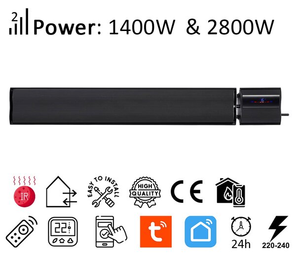 2800W a 1400W ElectricSun černý infrazářič s termostatem, elektrický ohřívač pro montáž na stěnu a strop, s aplikací Smart Life, 180x15cm