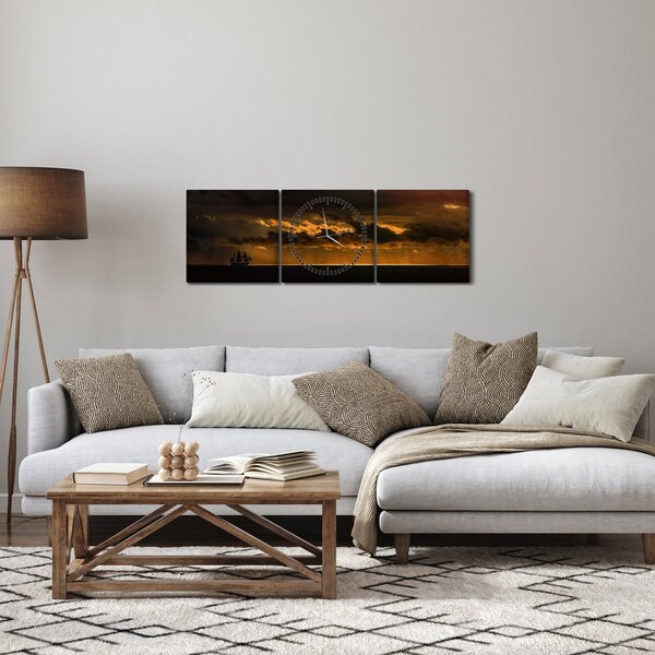 Obraz plachetnice v západu slunce (s hodinami) (90x30 cm)