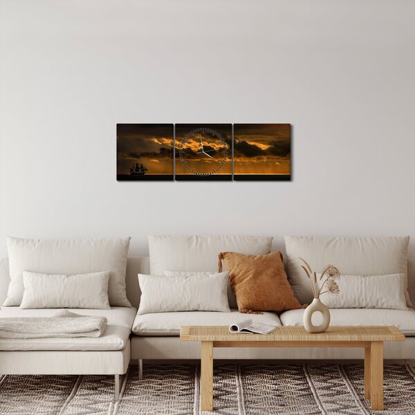 Obraz plachetnice v západu slunce (s hodinami) (90x30 cm)