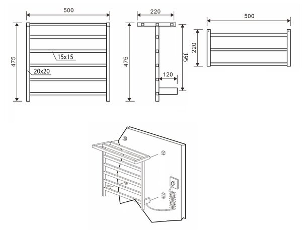 Sapho Sapho, ELZOR Elektrický sušák ručníků 500x470mm, 60W, černá matná, EB510