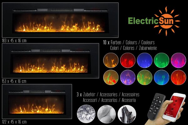 Moderní elektrické krby ElectricSun Paula Glass velké, černé, nástěnný, podlahový nebo vestavný, se zvukem, s aplikací, 10 barev plamene, š183xv45cm