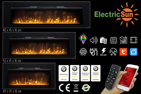 Moderní elektrické krby ElectricSun Paula Glass velké, černé, nástěnný, podlahový nebo vestavný, se zvukem, s aplikací, 10 barev plamene, š183xv45cm
