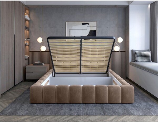 Světle hnědá čalouněná dvoulůžková postel s úložným prostorem s roštem 180x200 cm Lamica – ELTAP