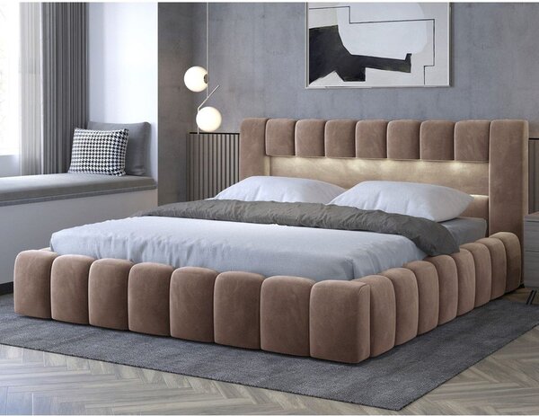 Světle hnědá čalouněná dvoulůžková postel s úložným prostorem s roštem 180x200 cm Lamica – ELTAP