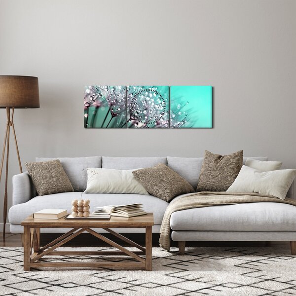 Obraz - orosená rostlina (s hodinami) (90x30 cm)