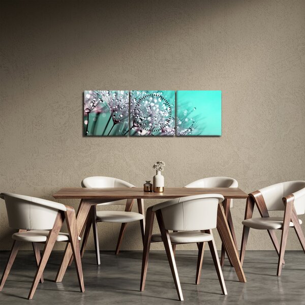 Obraz - orosená rostlina (s hodinami) (90x30 cm)