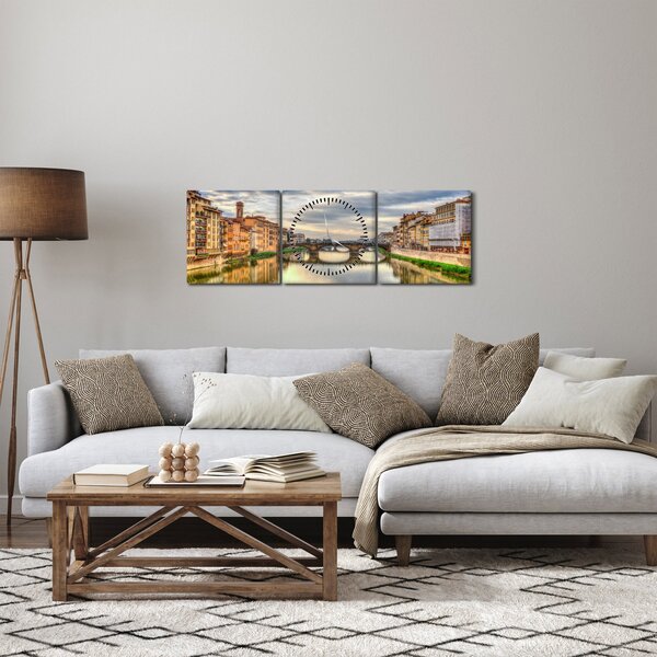 Obraz města s řekou (s hodinami) (90x30 cm)