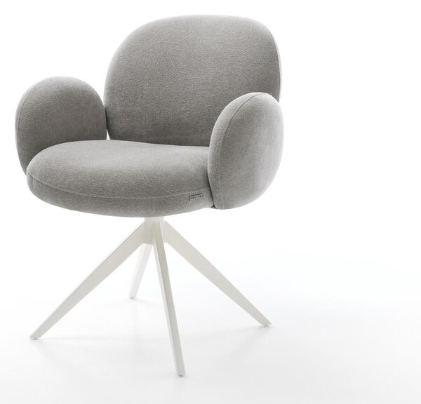 DELIFE Jídelní židle Nube-Flex s područkami potahová látka Měkký šedá křížová podnož široká bílá 360° otočný houpací funkce taštičkové pružiny