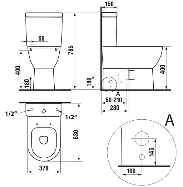 Aqualine Sapho, JALTA RIMLESS WC kombi mísa s nádržkou včetně splachovací soupravy, spodní/zadní