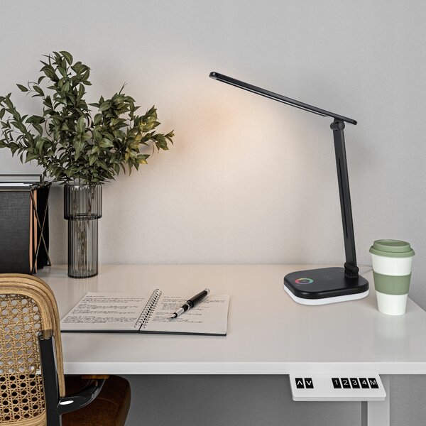 LED stolní lampa, s bezdrátovým nabíjením, s dotykovým ovládáním, USB, teplá bílá