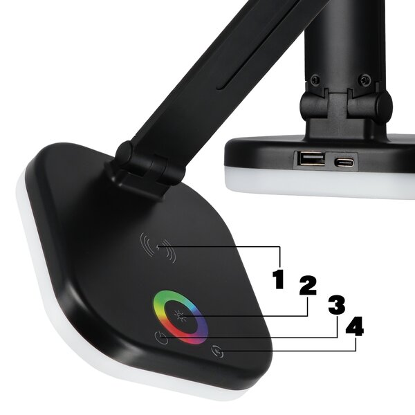 LED stolní lampa, s bezdrátovým nabíjením, s dotykovým ovládáním, USB, teplá bílá