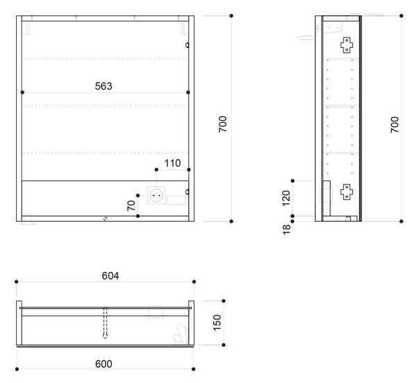 Sapho Sapho, LINEX galerka s LED osvětlením, 60x70x15cm, levá/pravá. bílá, LX060-0030
