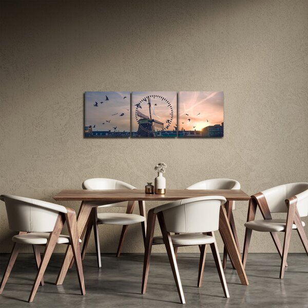 Obraz větrného mlýna (s hodinami) (90x30 cm)