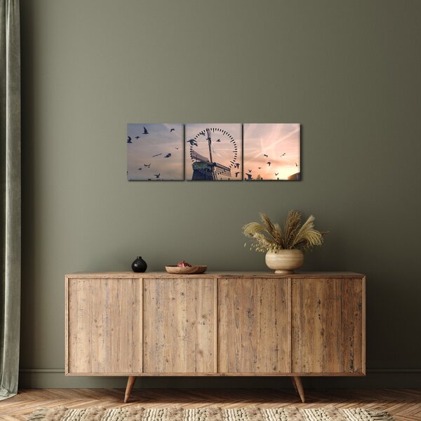 Obraz větrného mlýna (s hodinami) (90x30 cm)