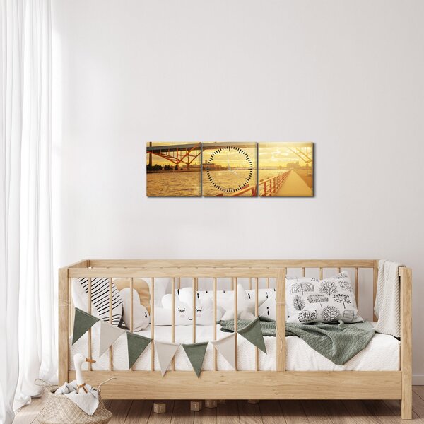 Obraz mostu se západem slunce (s hodinami) (90x30 cm)