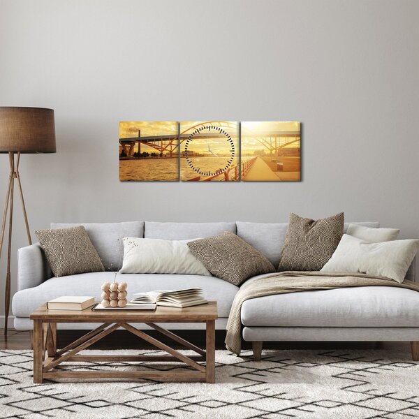 Obraz mostu se západem slunce (s hodinami) (90x30 cm)