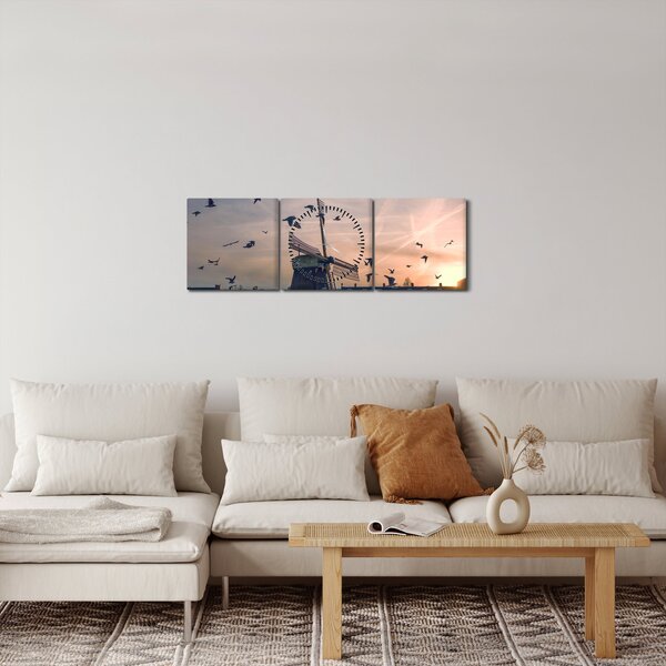 Obraz větrného mlýna (s hodinami) (90x30 cm)