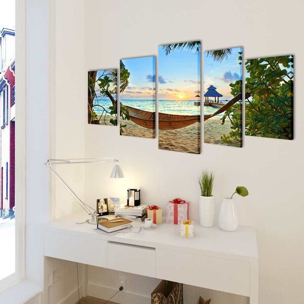 Sada obrazů, tisk na plátně, písečná pláž s houpací sítí, 100 x 50 cm 241562