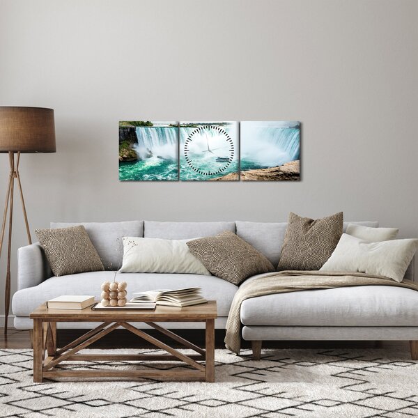 Obraz vodopádů s lodí (s hodinami) (90x30 cm)