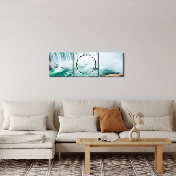 Obraz vodopádů s lodí (s hodinami) (90x30 cm)