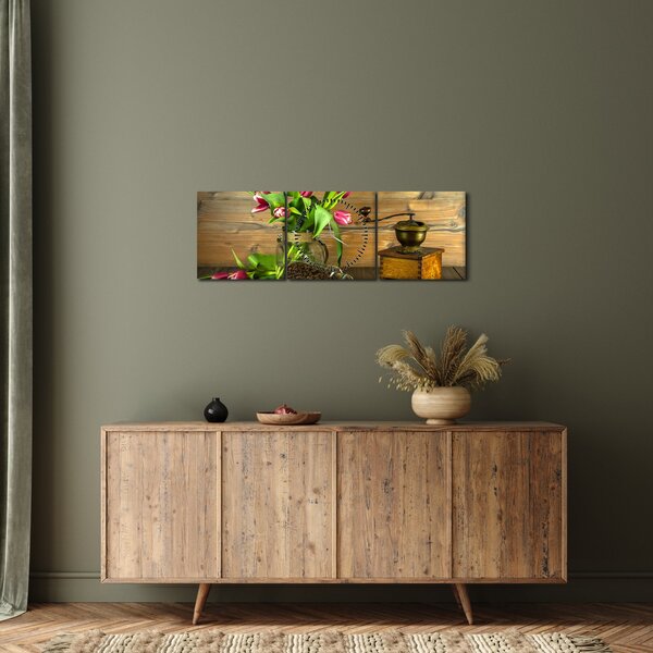 Obraz - tulipány, mlýnek a káva (s hodinami) (90x30 cm)