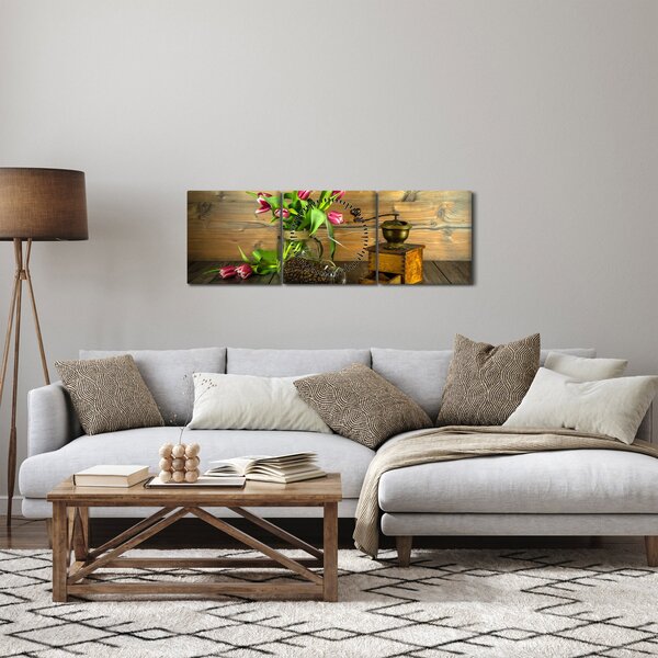 Obraz - tulipány, mlýnek a káva (s hodinami) (90x30 cm)
