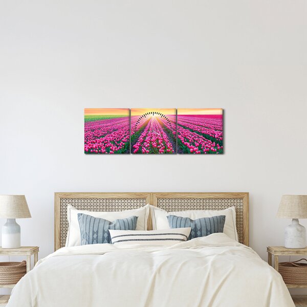 Obraz pole tulipánů se sluncem (s hodinami) (90x30 cm)