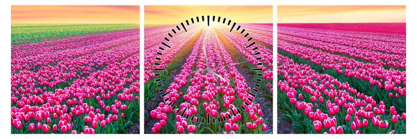 Obraz pole tulipánů se sluncem (s hodinami) (90x30 cm)