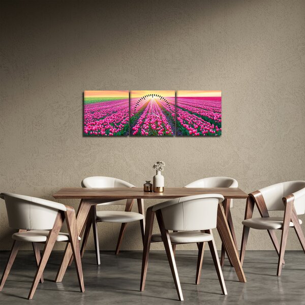 Obraz pole tulipánů se sluncem (s hodinami) (90x30 cm)