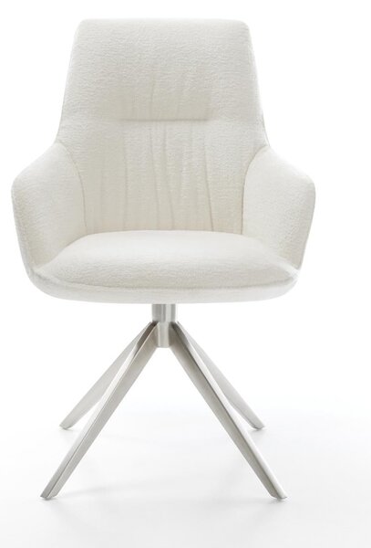 DELIFE Jídelní židle Zelia-Flex s područkami bouclé měkký béžová křížová podnož široká nerezová ocel 360° otočný houpací funkce taštičkové pružiny