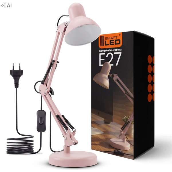 Růžová stolní lampa E27, nastavitelná, s klipsem, IP20