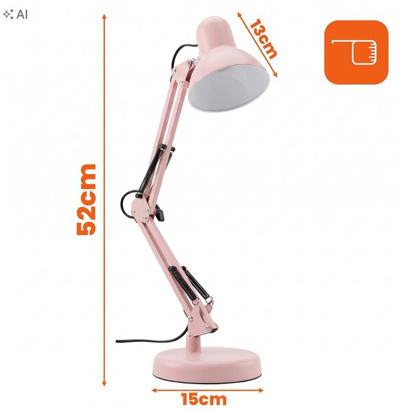Růžová stolní lampa E27, nastavitelná, s klipsem, IP20