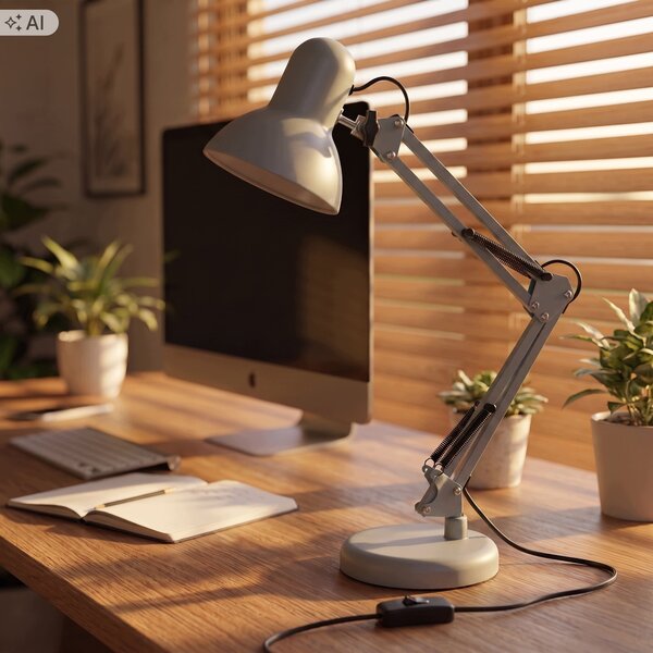 Šedá stolní lampa E27, nastavitelná, s klipsem, IP20