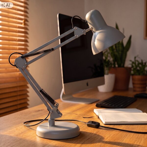 Šedá stolní lampa E27, nastavitelná, s klipsem, IP20