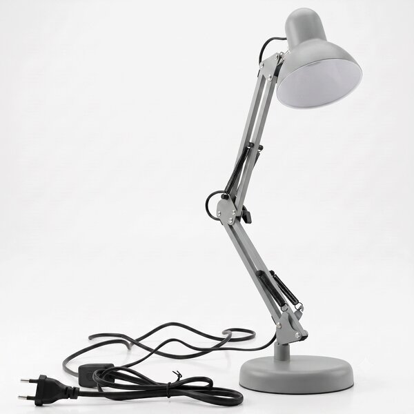 Šedá stolní lampa E27, nastavitelná, s klipsem, IP20